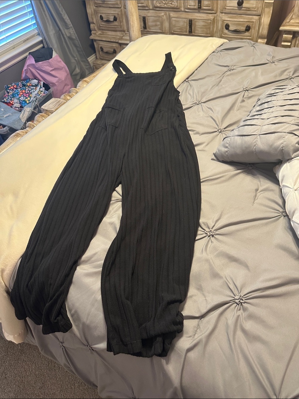 Black Ribbed Wide-Leg Jumpsuit
